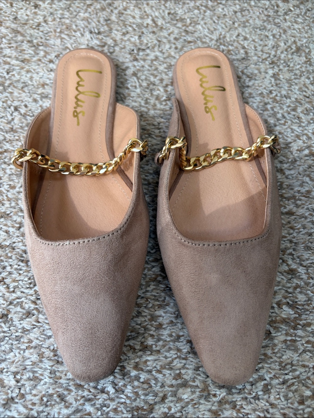 Lulu's Taupe Suede Slip-On Mules with Gold Chain